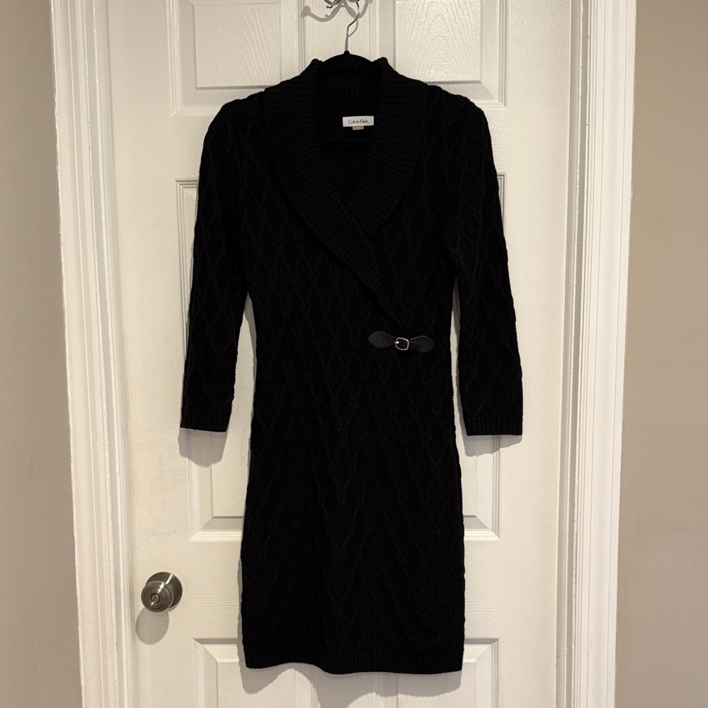 Calvin Klein Cable Knit Shawl Collar Buckle Sweater Dress M - Picture 2 of 16